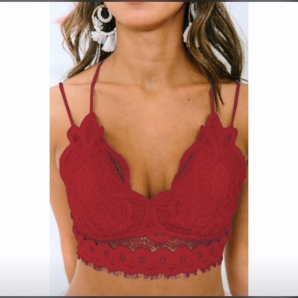 Red Spaghetti Straps V-Neck Lace Bralette Bra - Picture 2 of 5
